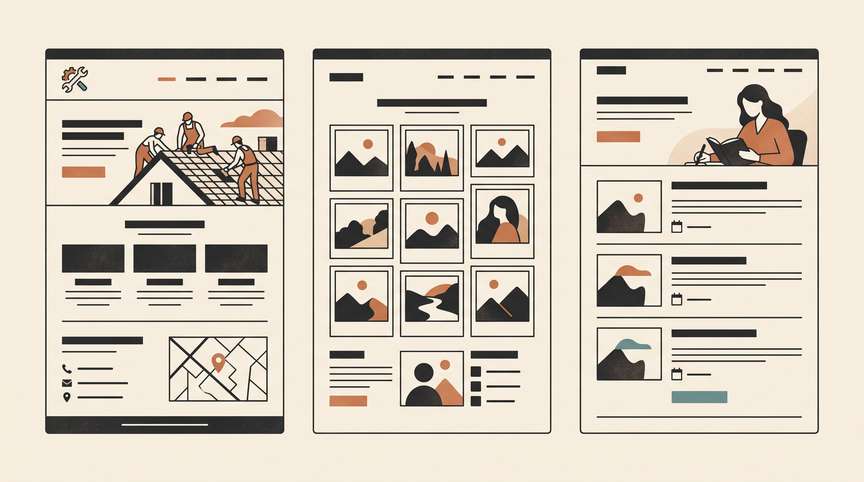 Illustrated examples of a local service website, a photographer portfolio, and an editorial blog layout.