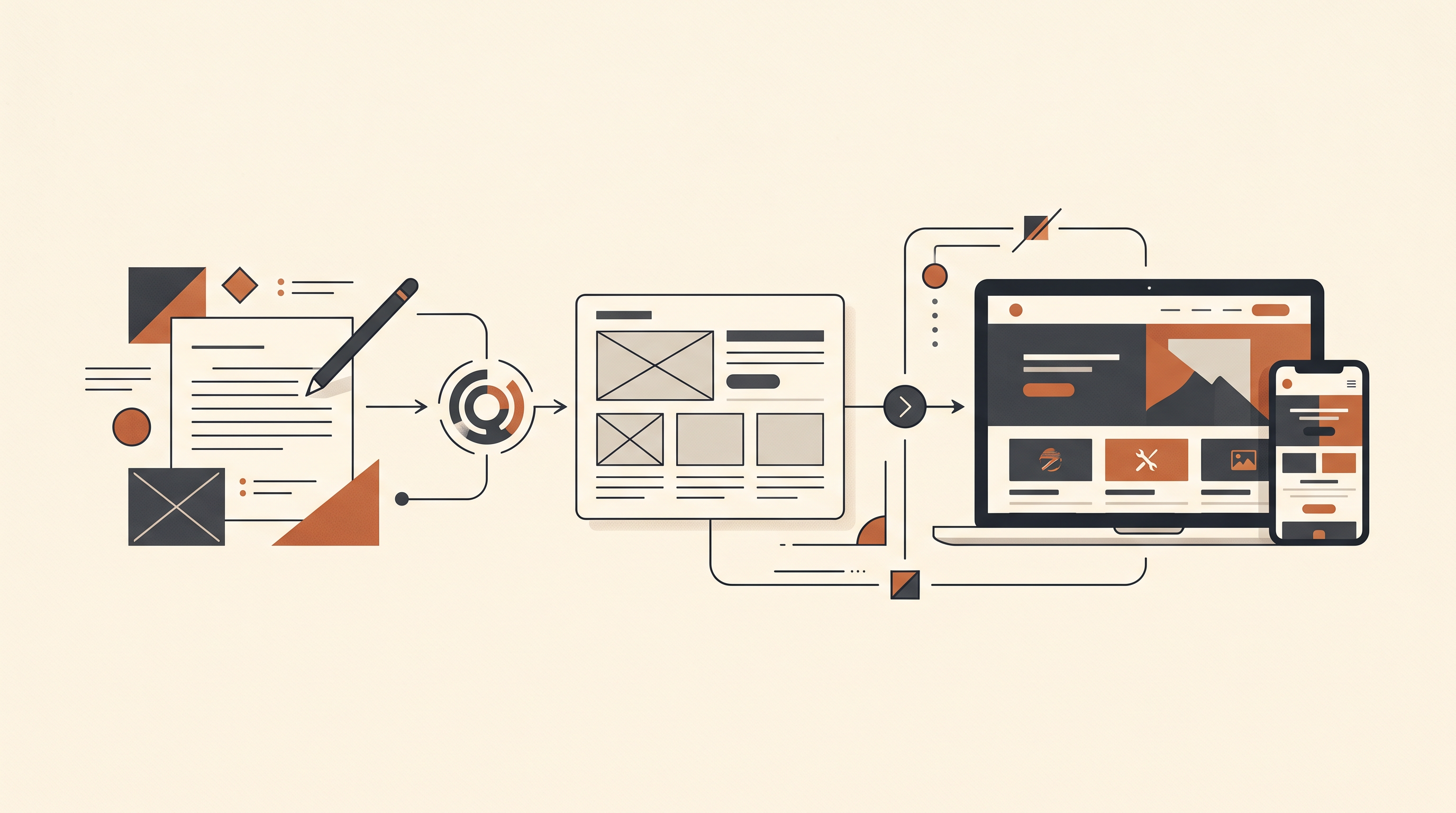 A plain-language brief moving through a wireframe into a responsive website shown on a laptop and phone.