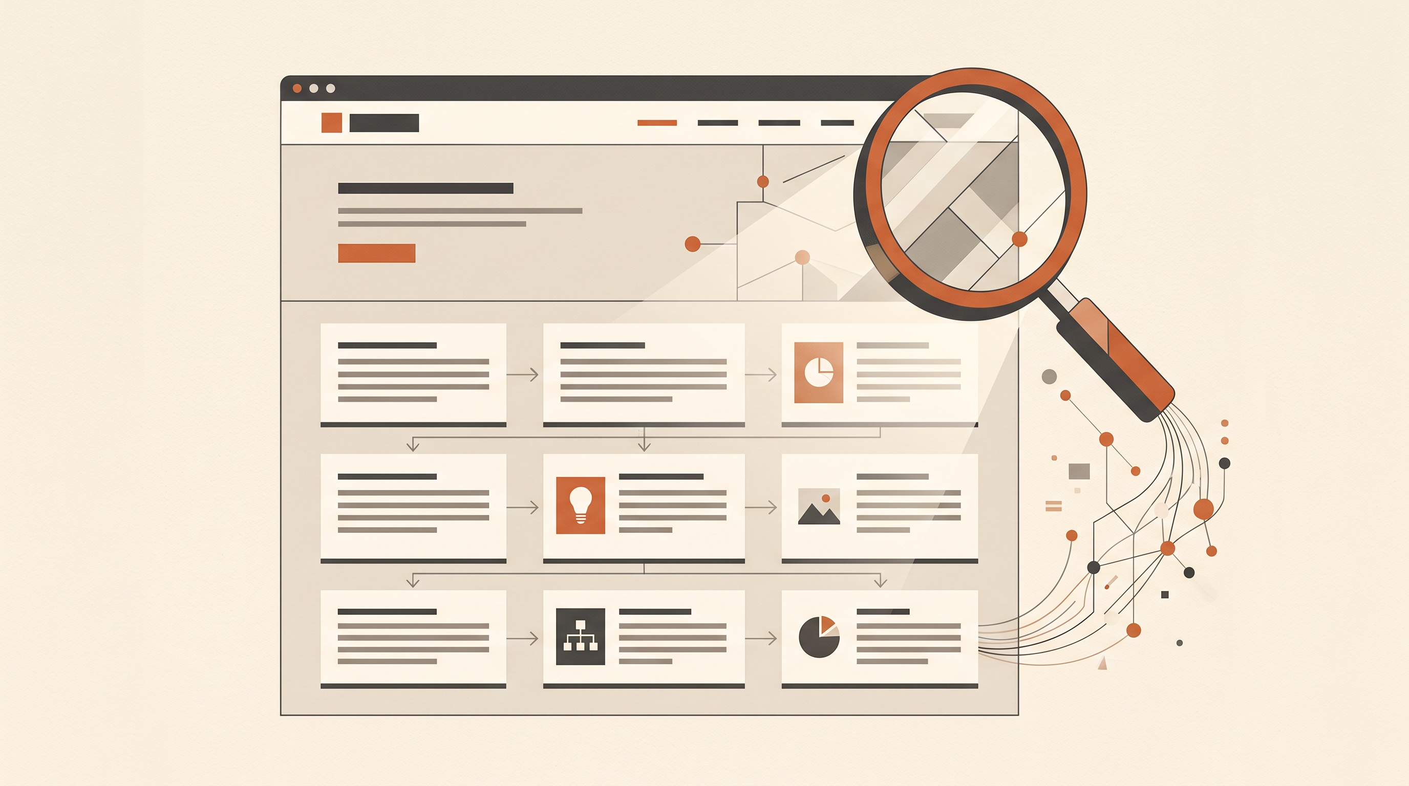 An organized website content layout examined with a magnifying glass, representing technical readability for search.